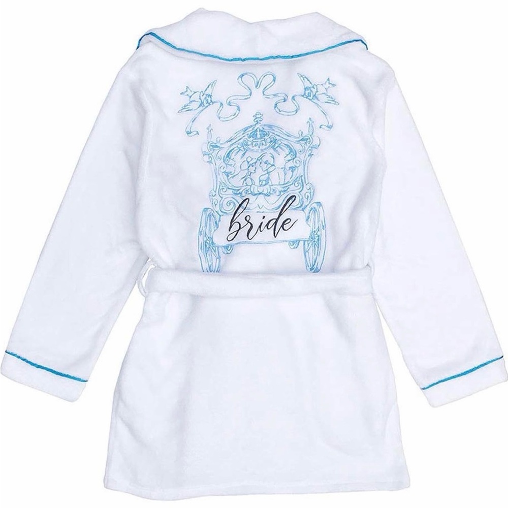 White Disney Cinderella Bride Robe with Blue Embroidery and Bridal Mickey Ears